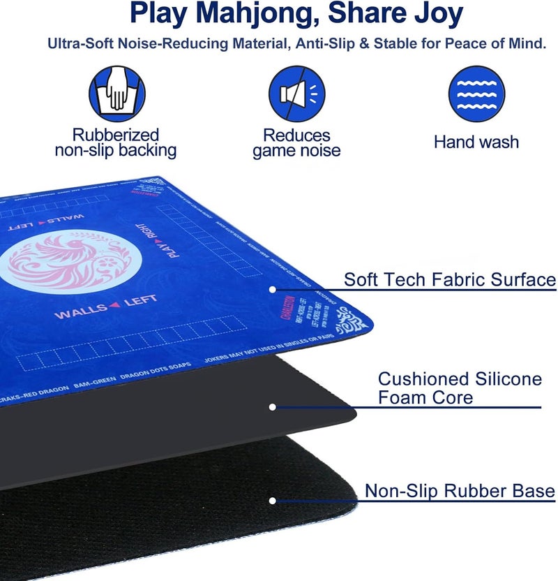Maxsolve Store 2025 Mahjong Mat, 31.5" x 31.5" Neoprene Mahjong Table Mat with Rules, Anti Slip & Noise Reduction Gaming Mat for Poker, Card, Dominoes, Board & Tile Games, Mahjong Gift with Carrying Bag - Blue - Image 5